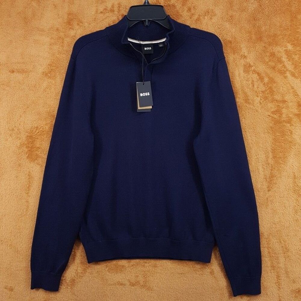 HUGO BOSS Sweater Mens Small Navy Quarter Zip Pullover Wool Blend LORMAN $198